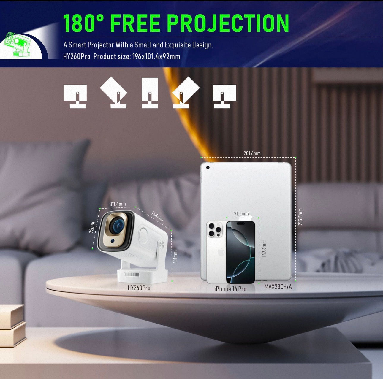 HY260 Pro Smart Projector – Native 1080P, 4K Support, Android 11, Auto Focus