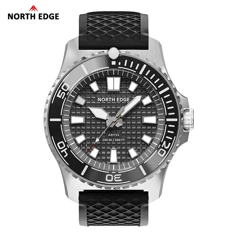 NORTH EDGE ABYSS Solar-Powered Watch for Men 316L Stainless Steel Case Ceramic Bezel Hardened Mineral Glass Ice-Textured Dial 200M Waterproof Diving Watch