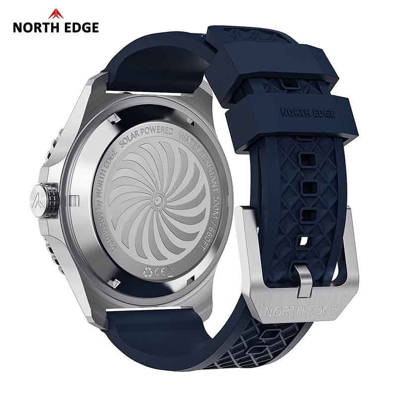 NORTH EDGE ABYSS Solar-Powered Watch for Men 316L Stainless Steel Case Ceramic Bezel Hardened Mineral Glass Ice-Textured Dial 200M Waterproof Diving Watch