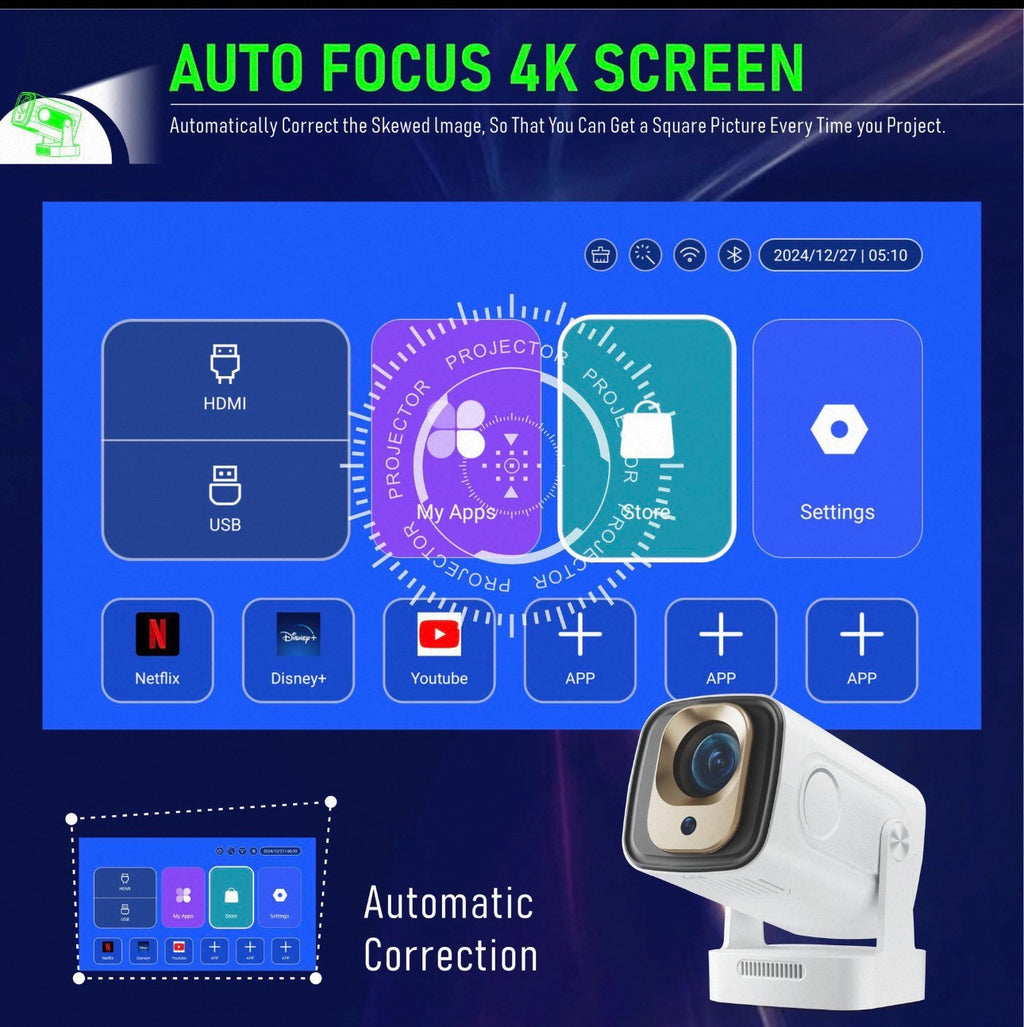 HY260 Pro Smart Projector – Native 1080P, 4K Support, Android 11, Auto Focus