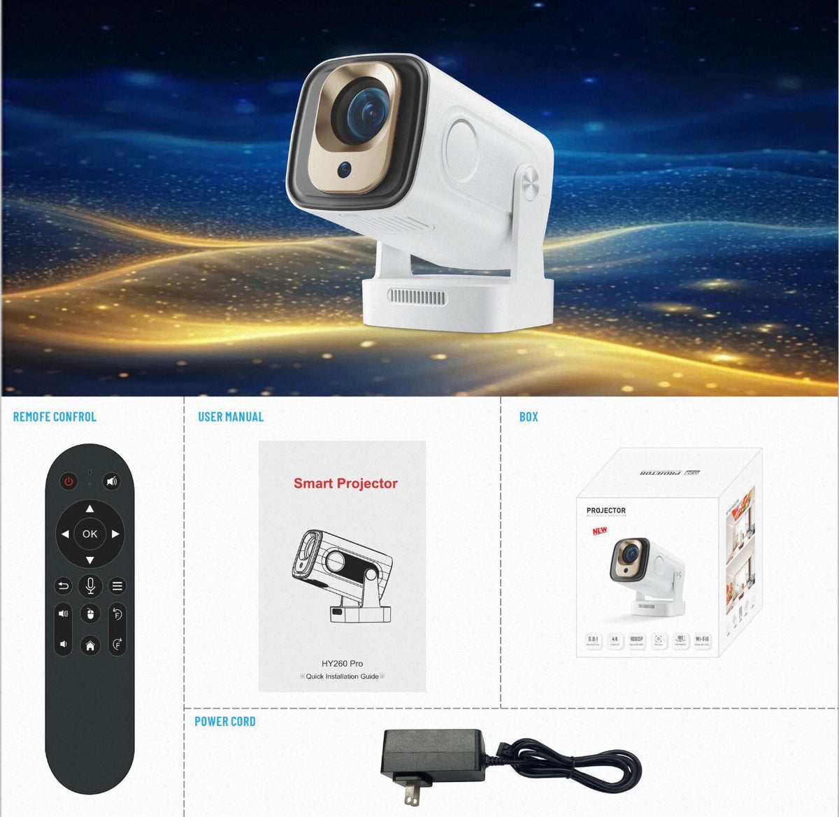 HY260 Pro Smart Projector – Native 1080P, 4K Support, Android 11, Auto Focus