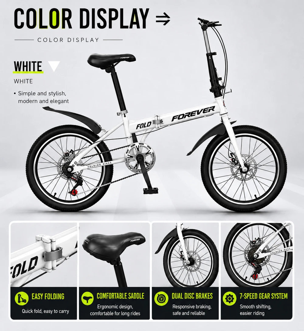 FOREVER Folding Bike 7-Speed Lightweight City Commuter Bicycle 16"/20"/22"