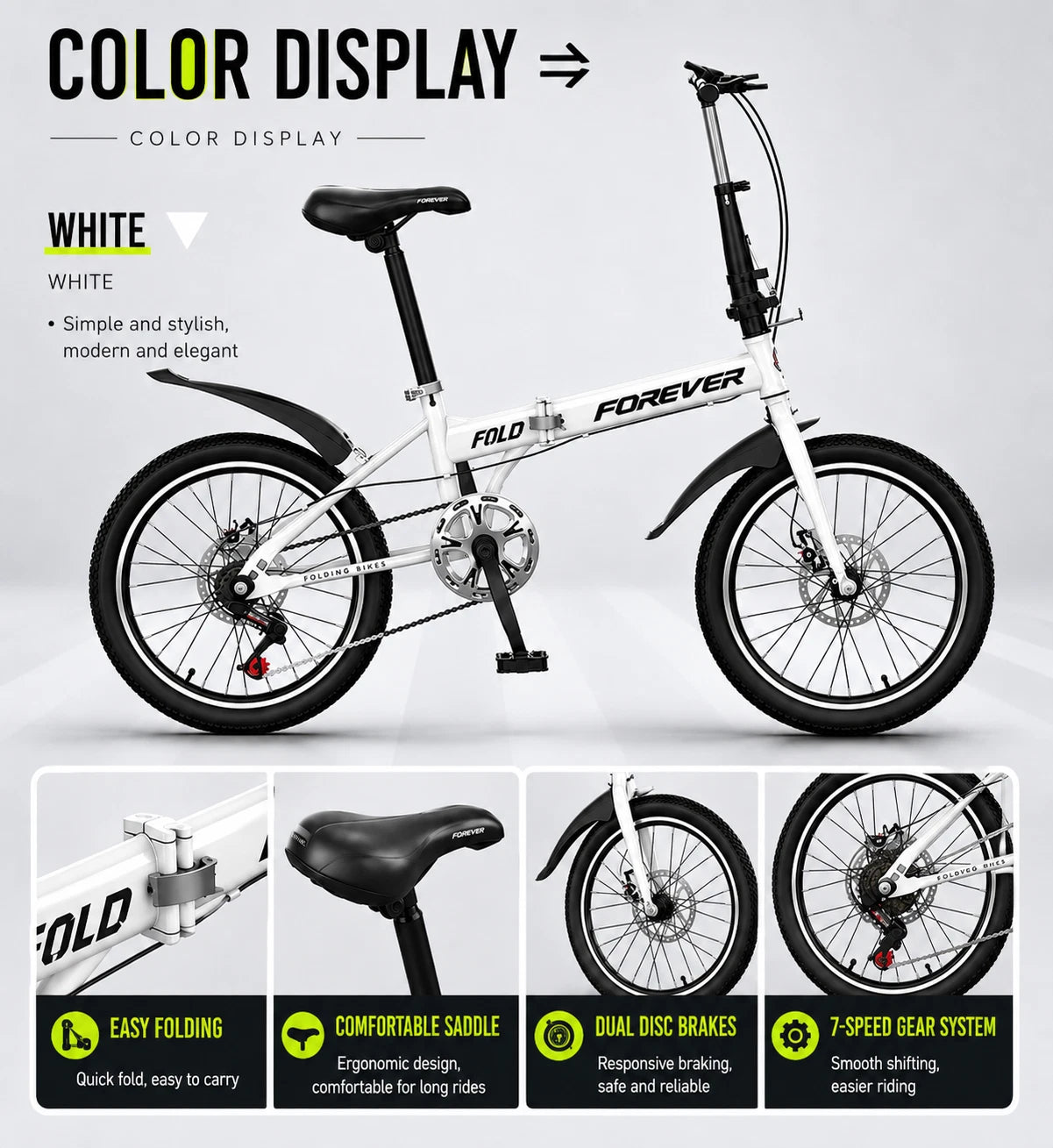 FOREVER Folding Bike 7-Speed Lightweight City Commuter Bicycle 16"/20"/22"