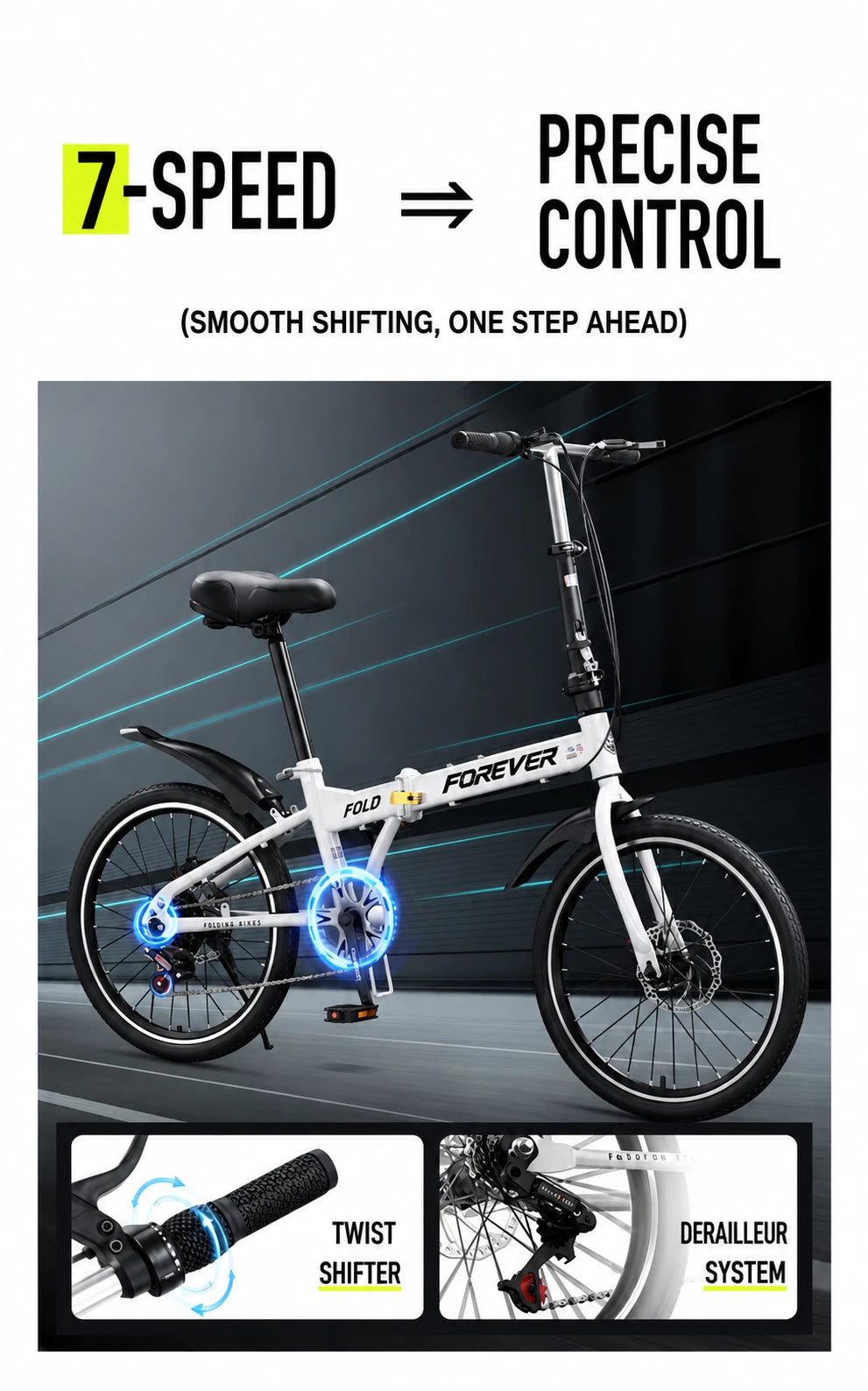 FOREVER Folding Bike 7-Speed Lightweight City Commuter Bicycle 16"/20"/22"