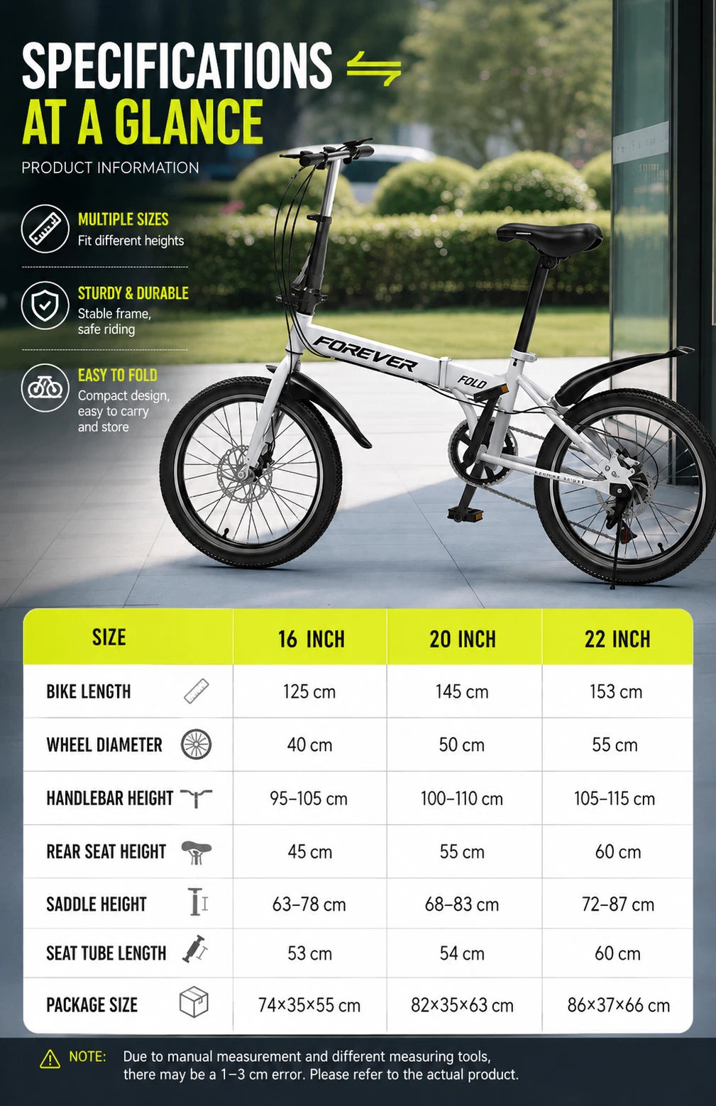 FOREVER Folding Bike 7-Speed Lightweight City Commuter Bicycle 16"/20"/22"